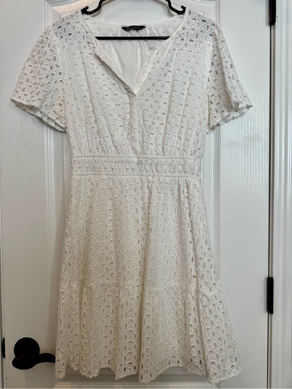 White Eyelet Mini Dress with V-Neck and Smocked Waist